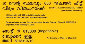 10 Cent Residential Land for Sale at Thrissur Budget - 815000 Cent